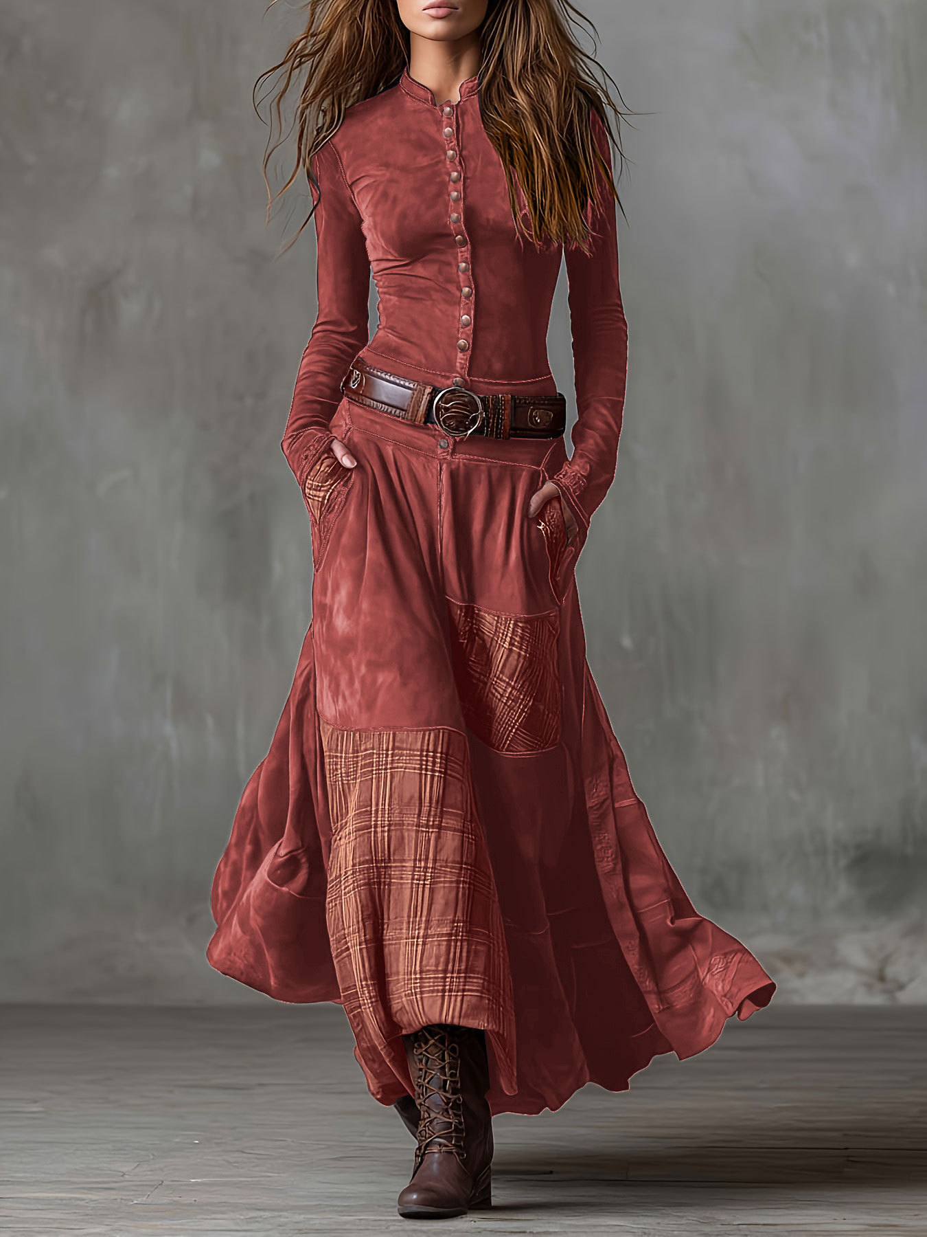Suede Plaid Patchwork Vintage Dress with Pockets, Button & Belt