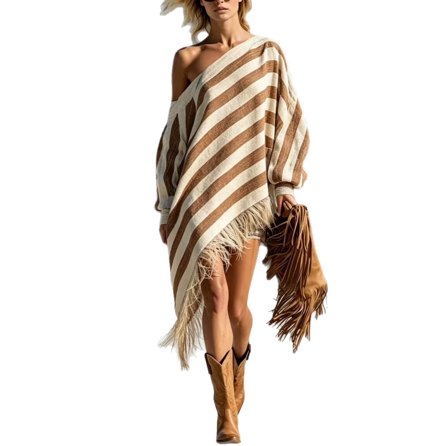 Retro One-Shoulder Striped Fringe Irregular Lantern Sleeve Loose Vacation Dress