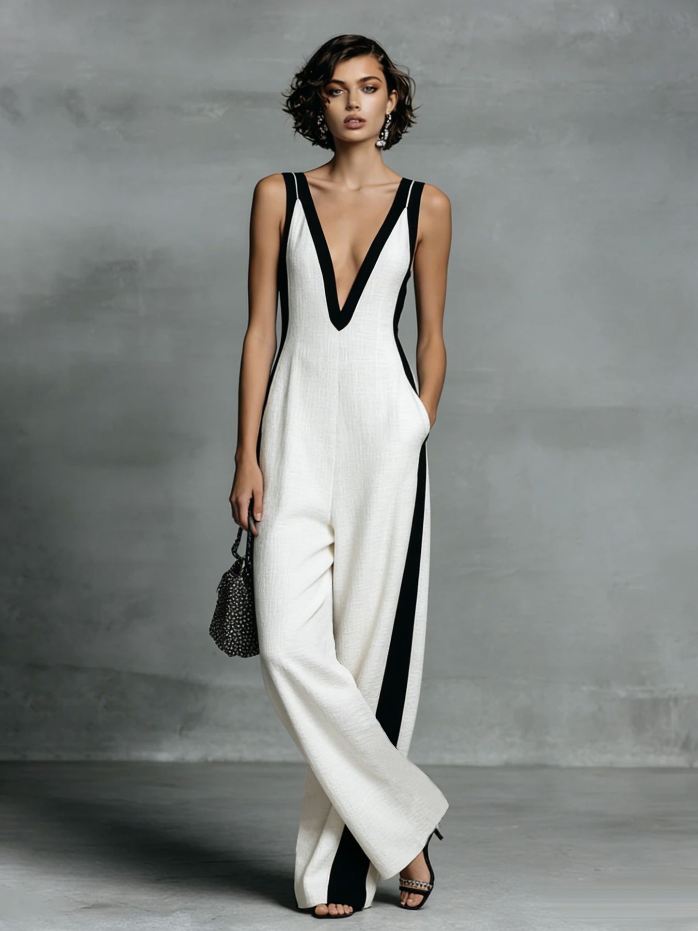 Sleeveless V-Neck Colorblock Wide-Leg Jumpsuit