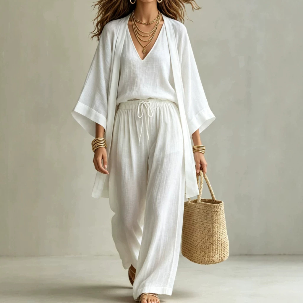 Cotton-Linen Shawl Vest & Pants 3-Piece Set
