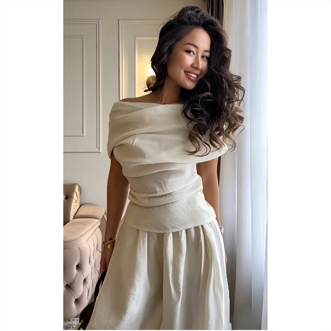 Women's Summer Solid One-Shoulder Short-Sleeve Top & Loose Pants Two-Piece Set