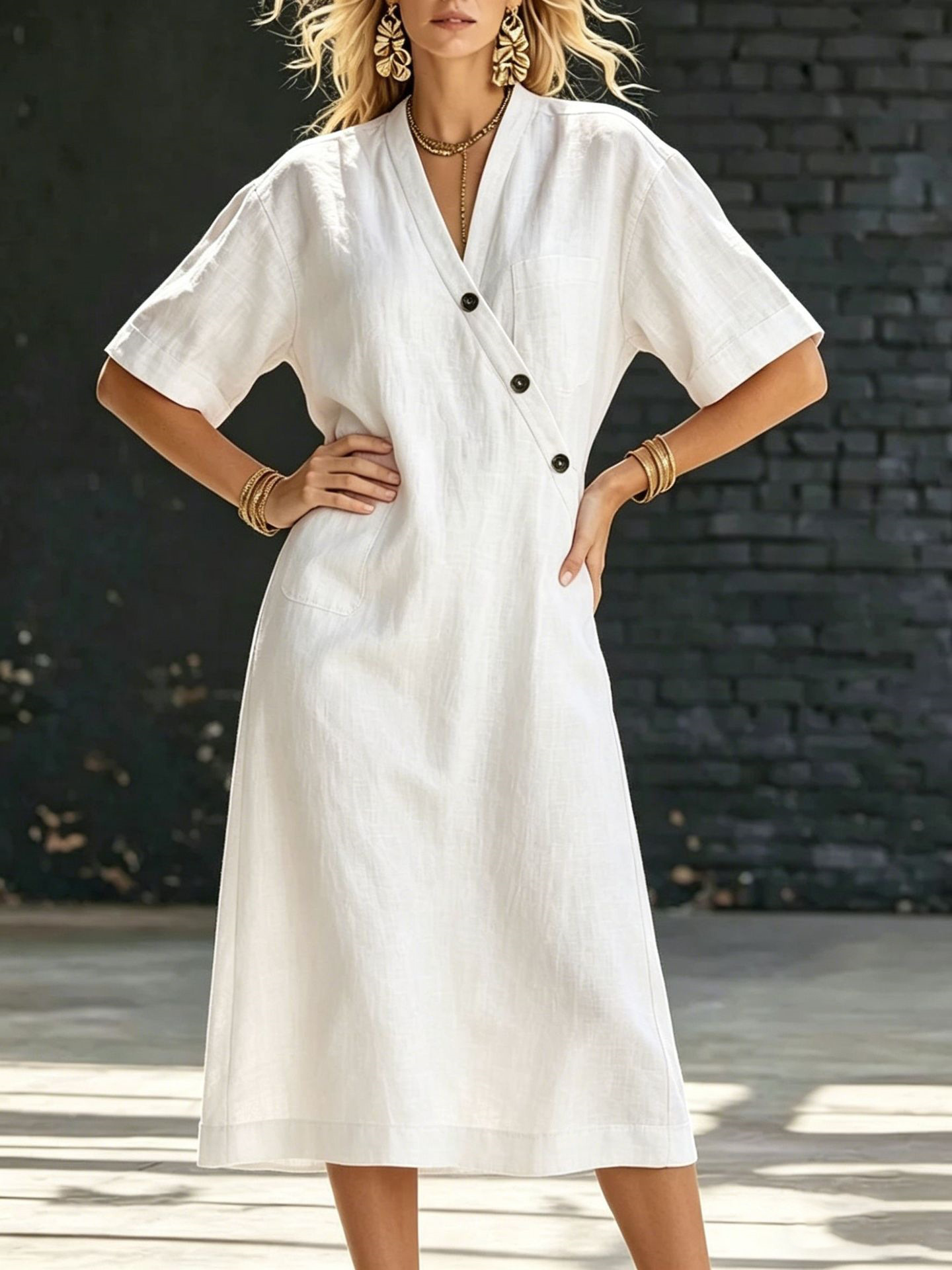 V-Neck Button-Front Cotton-Linen Midi Dress with Pockets Short Sleeve