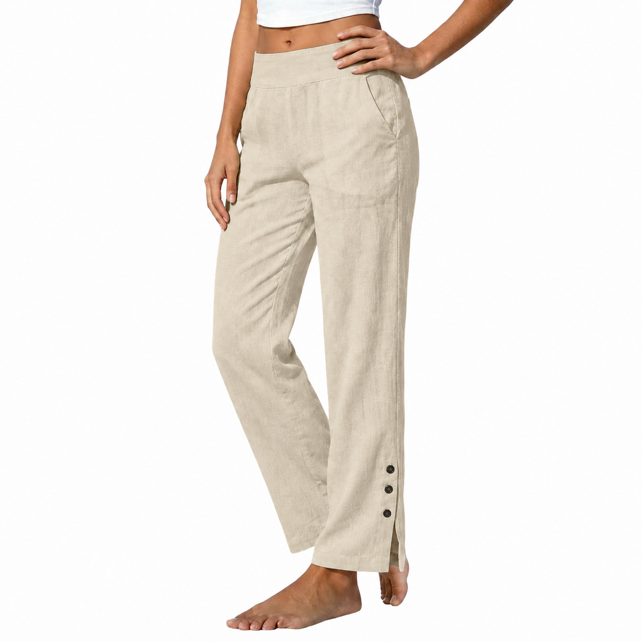 Women's Cotton Linen High Waist Wide Leg Pants with Side Slit Buttons