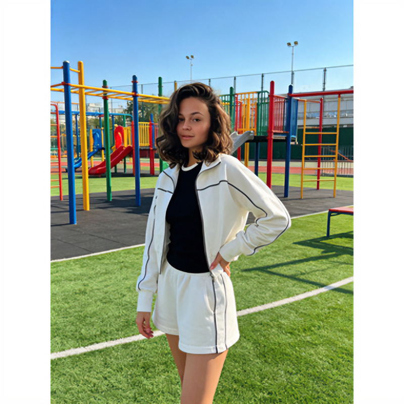 Striped Two-Piece Lounge Set with Zip-Up Collared Top and Elastic Shorts