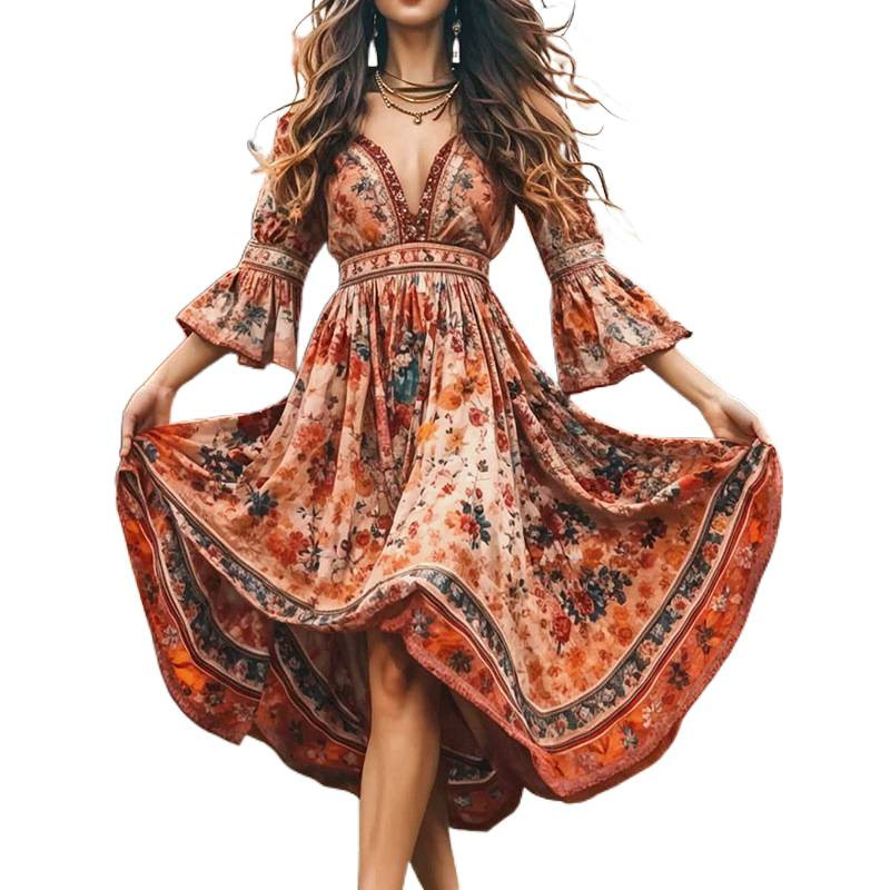 Floral Print Bell Sleeve V-Neck Long Dress