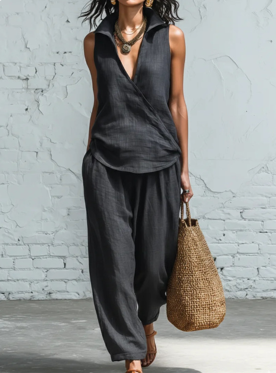Women's Linen-Blend Collared Shirt and Wide-Leg Pants Two-Piece Set