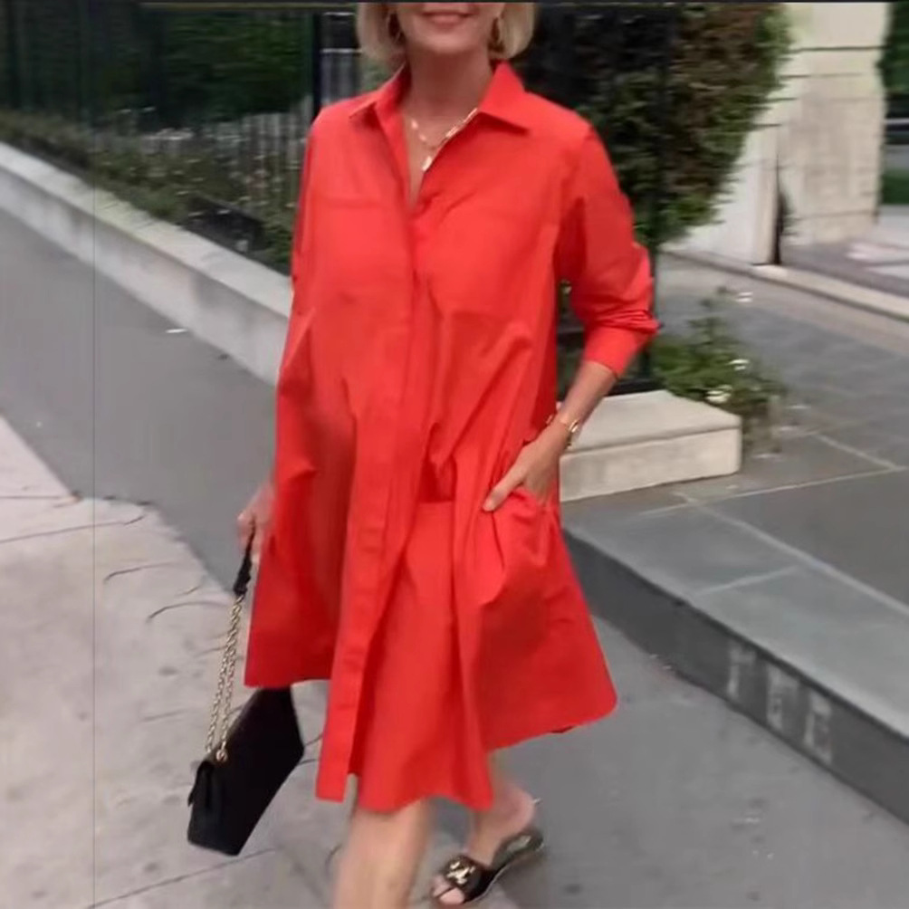 Women's Casual Solid Color Long Sleeve Shirt Dress