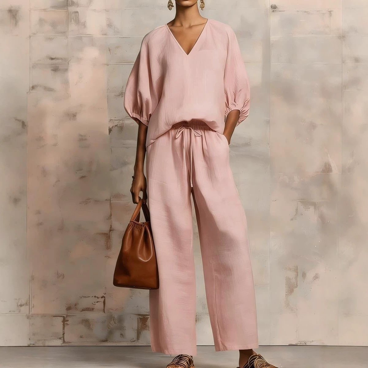 Minimalist Solid V-Neck Loose Two-Piece Set