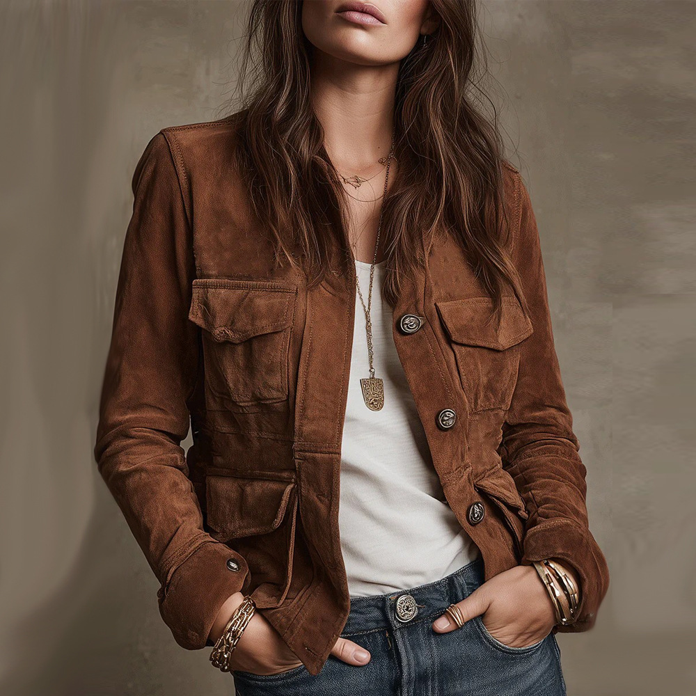 Women's Cropped Button Pocket Jacket Casual Loose Fit Solid