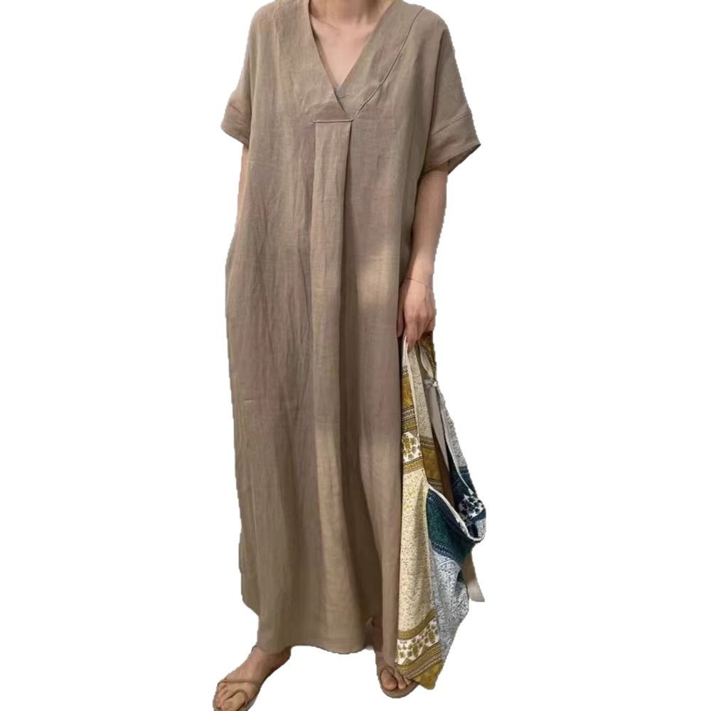 Women's Casual Short Sleeve V-Neck Solid Color Long Dress