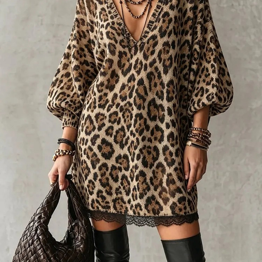 Deep V-Neck Leopard Lace Panel Bodycon Dress