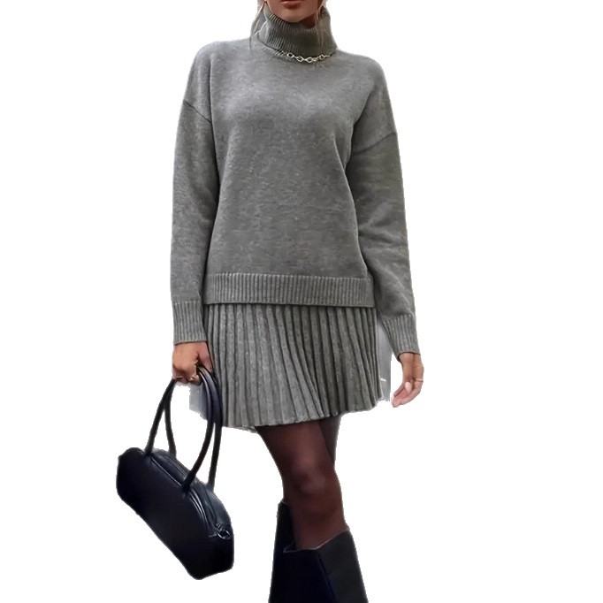 Women's Casual Knit Turtleneck Long Sleeve Top and Mini Skirt Two-Piece Set