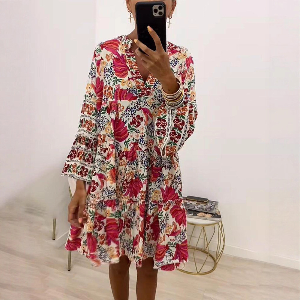 Women's Floral Print V-Neck Long Sleeve Loose Casual Midi Dress