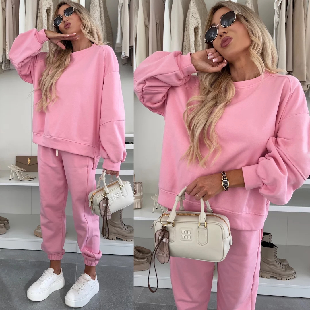 Women's Solid Crewneck Long-Sleeve Sweatshirt & Drawstring Jogger Pants 2-Piece Set