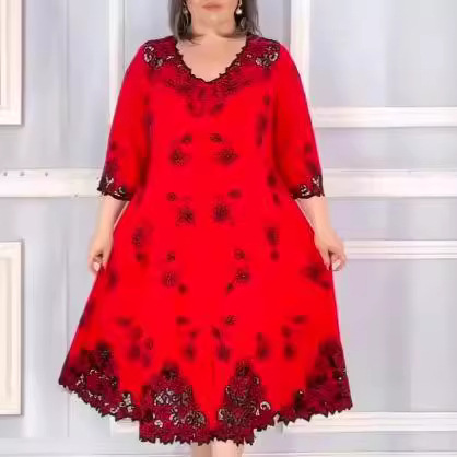 Women's Plus Size Floral Print A-Line Midi Dress V-Neck Short Sleeve Loose Fit