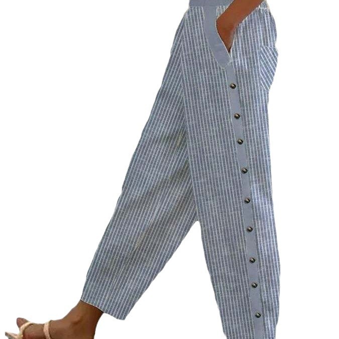Striped Print Button Elastic Waist Cropped Pants with Pockets