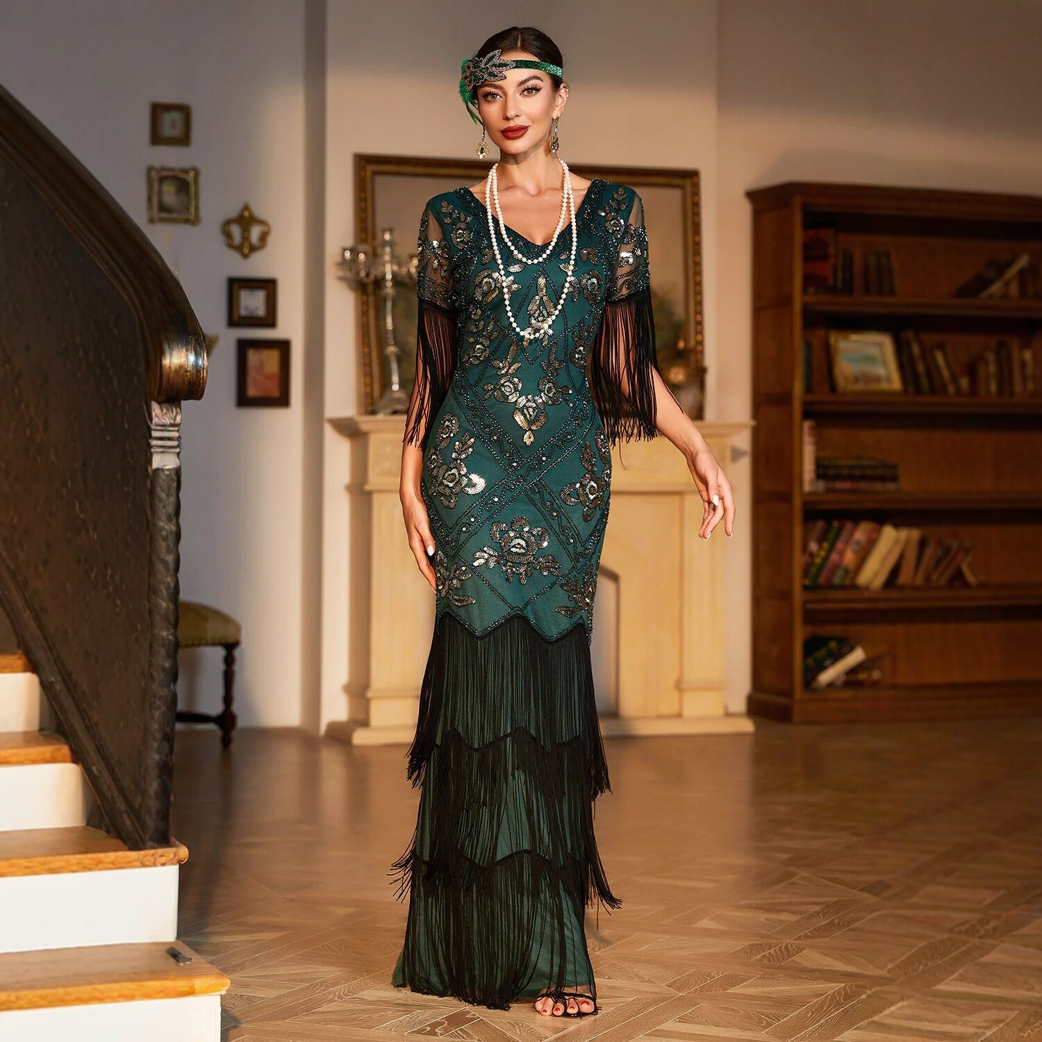 V-Neck Waist-Cinching Ruffle Midi Dress
