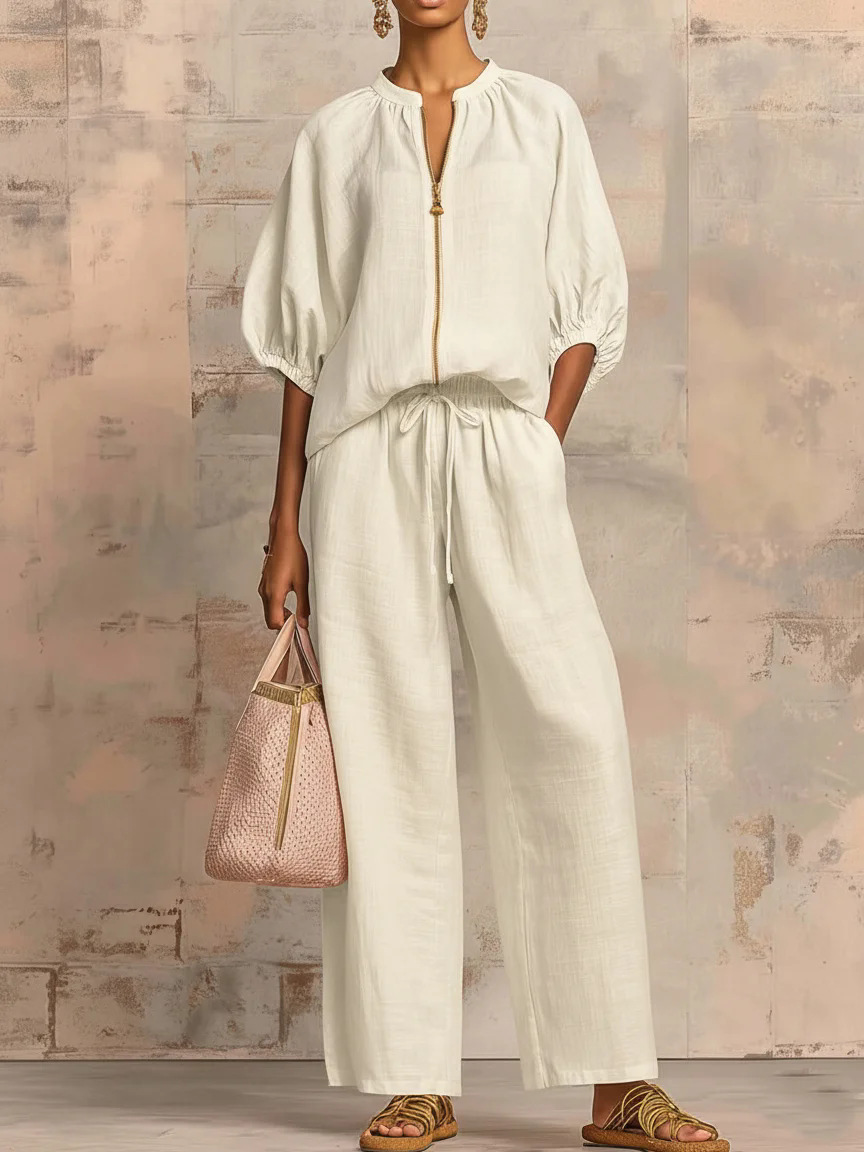 Women's Loose Casual Vacation Zip-Up Crew Neck Wide-Leg Pant Set
