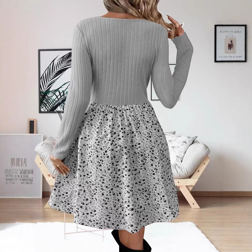 Women's Long Sleeve V-Neck Knit Floral Midi Dress