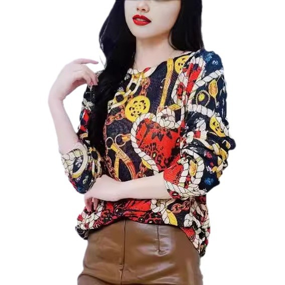 Women's Vintage Chain Print Knit Pullover Sweater Long Sleeve Crew Neck Color Block