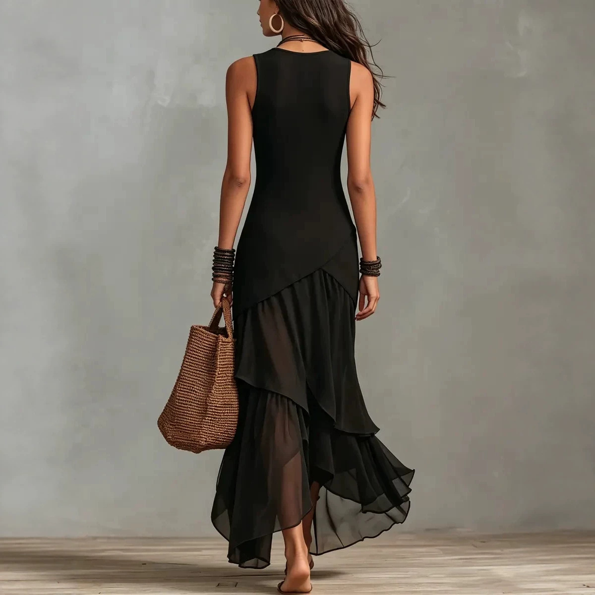 Black Sleeveless Round Neck Slim Fit Asymmetric Tiered Chiffon Ruffle Maxi Dress