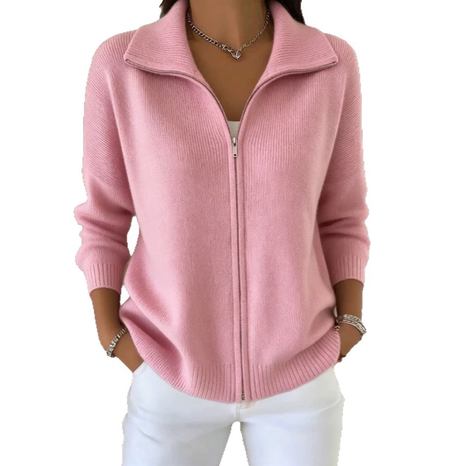 Women's Zip-Up Knit Cardigan Sweater with Collar, Solid Color, Loose Fit