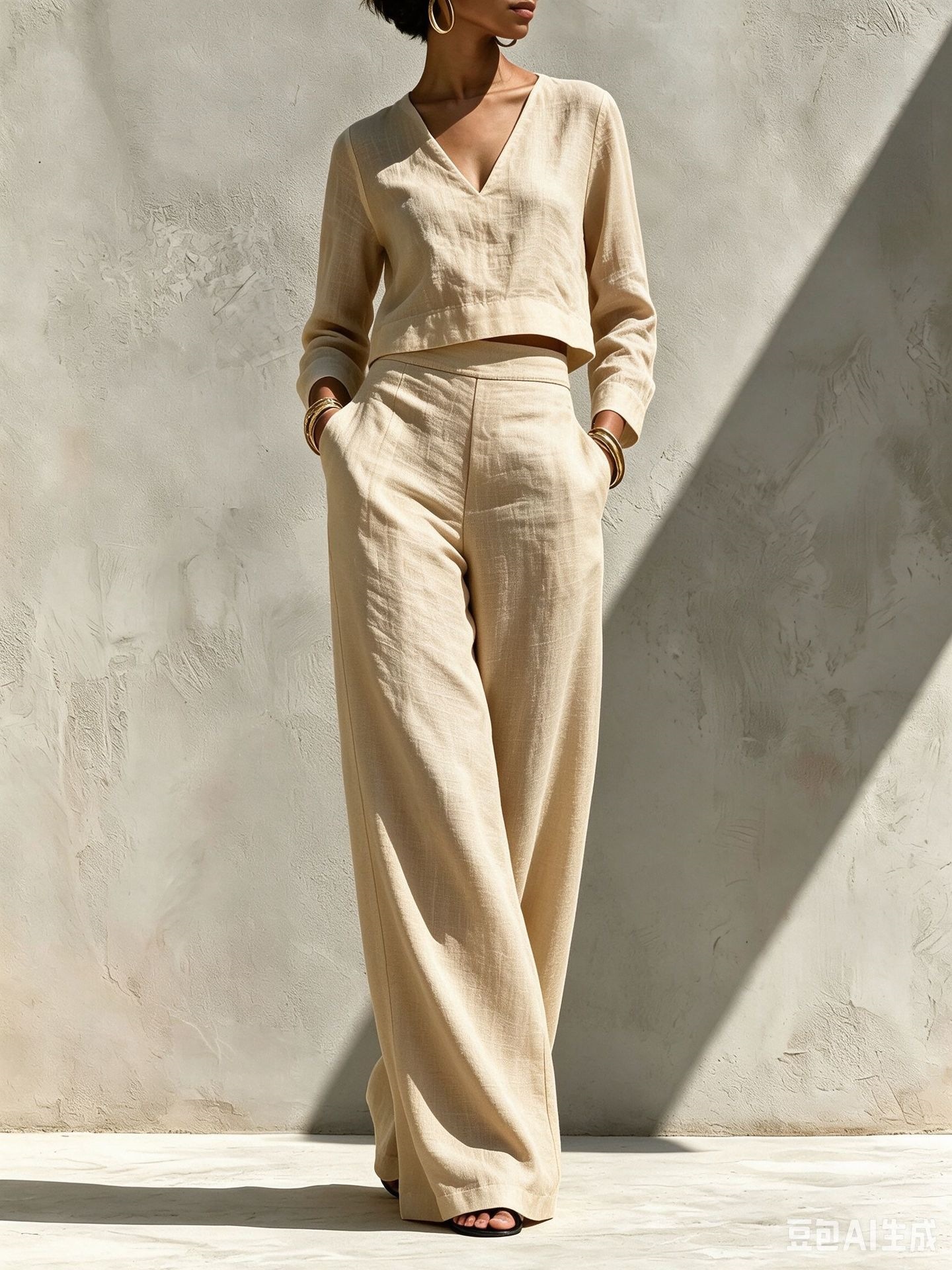 Women's Linen-Blend V-Neck Long-Sleeve Crop Top & High-Waist Wide-Leg Pants Set