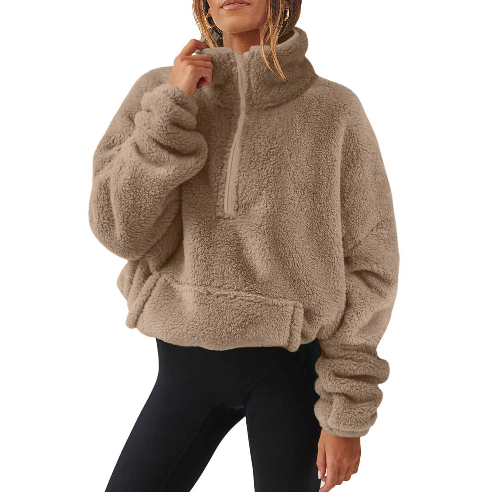Fleece-Lined Half-Zip Stand Collar Sweatshirt for Women
