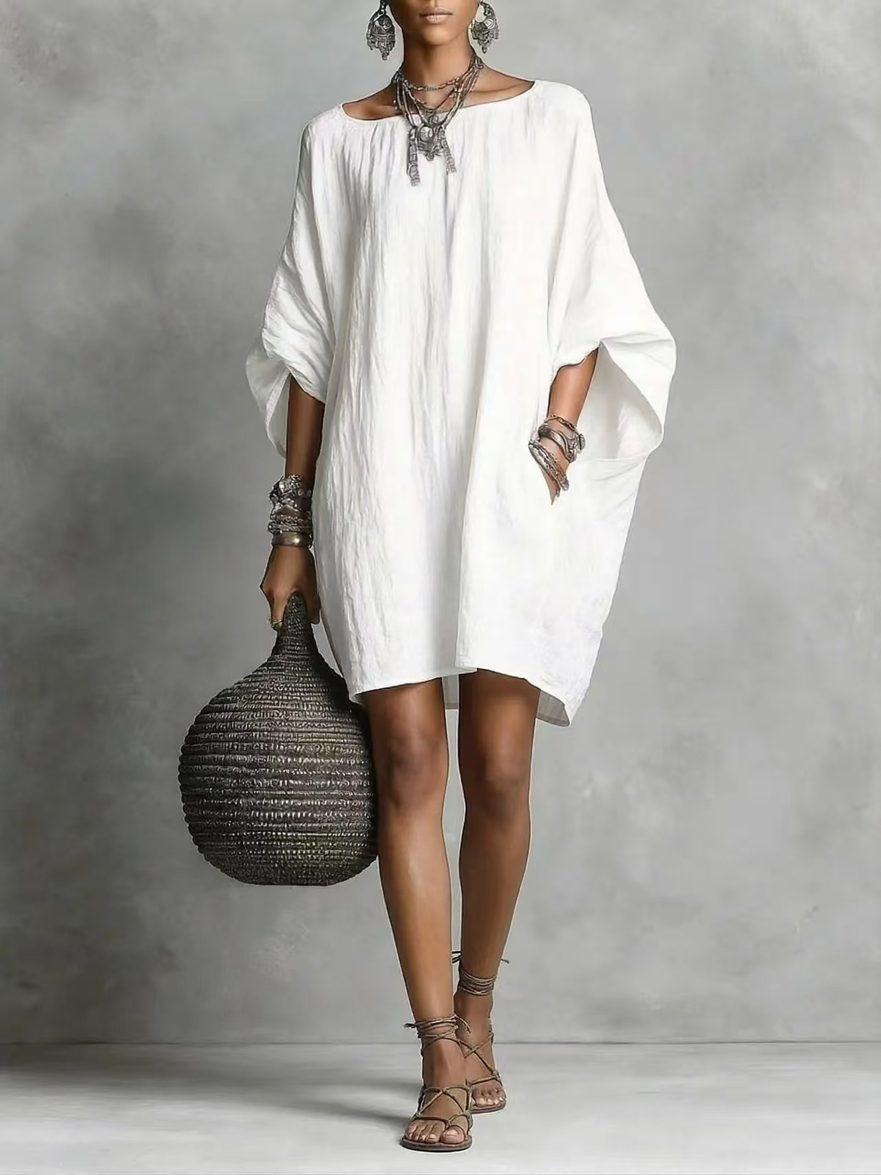 Women's Casual Loose Batwing Sleeve Midi Dress Faux Cotton Linen Pleated