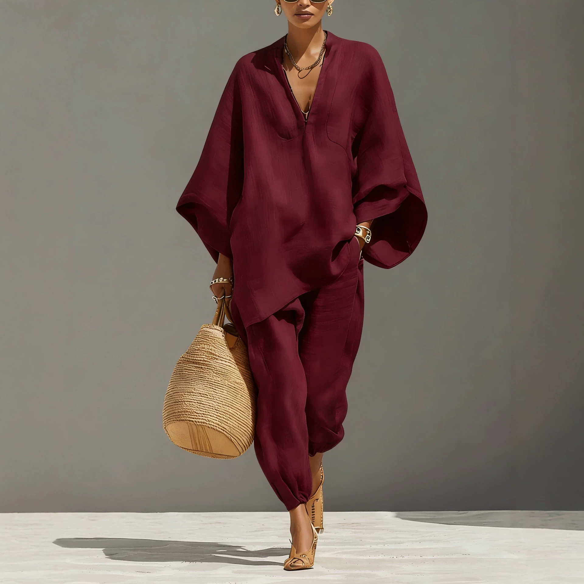 Women's Batwing Sleeve V-Neck Relaxed Two-Piece Set