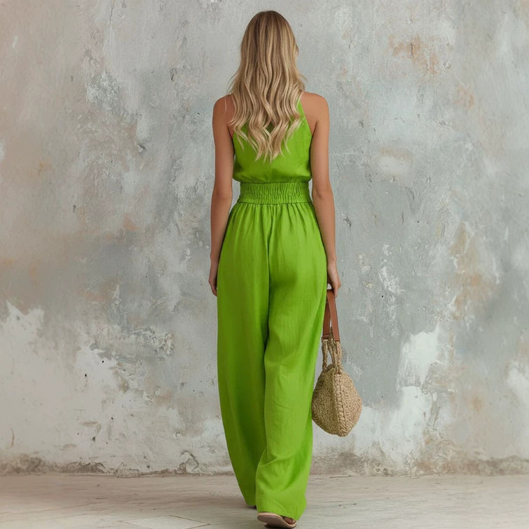 Retro Green Ruffle V-Neck Sleeveless Wide-Leg Jumpsuit