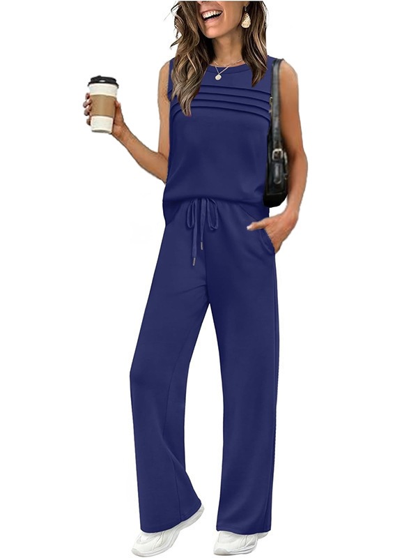 Women's Textured Sleeveless Vest & Wide-Leg Pants Set with Drawstring Pockets