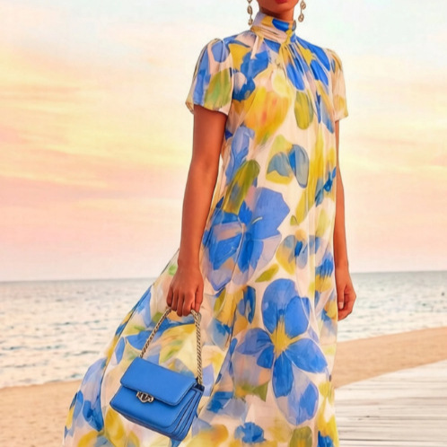Women's Boho Floral Midi Dress Smocked Flowy Beach Dress