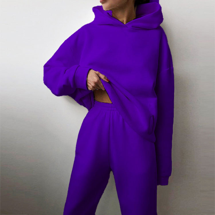 Women's Solid Color Hooded Sweatshirt and Pants Two-Piece Casual Set