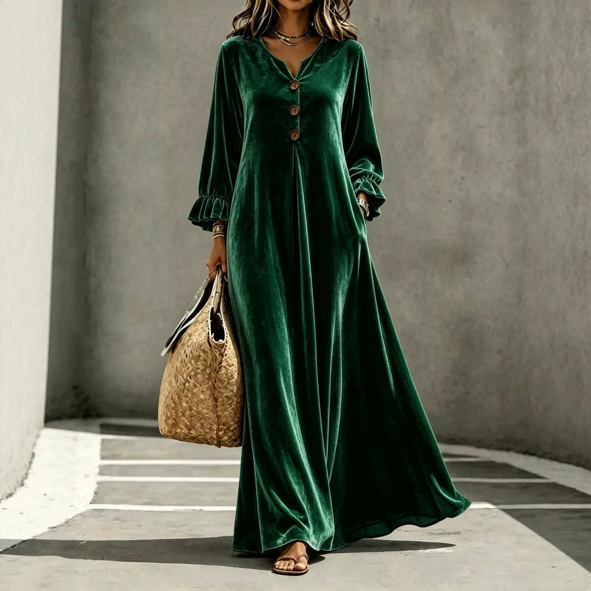 Velvet V-Neck Ruffle-Sleeve Long A-Line Dress