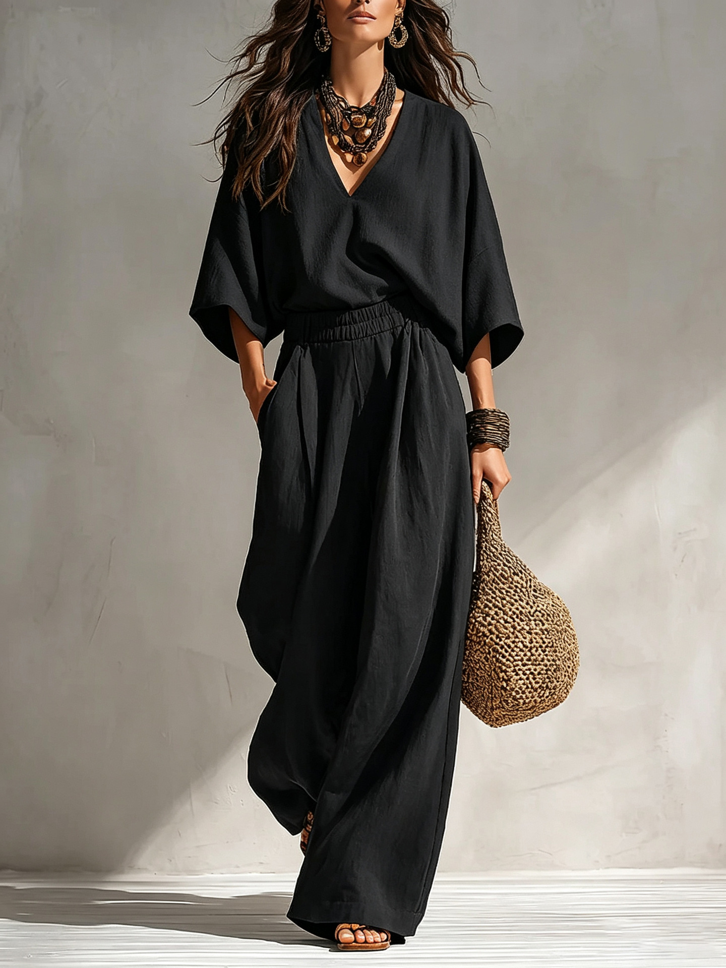 Bohemian Linen-Blend Deep V-Neck Short-Sleeve Wide-Leg Two-Piece Set