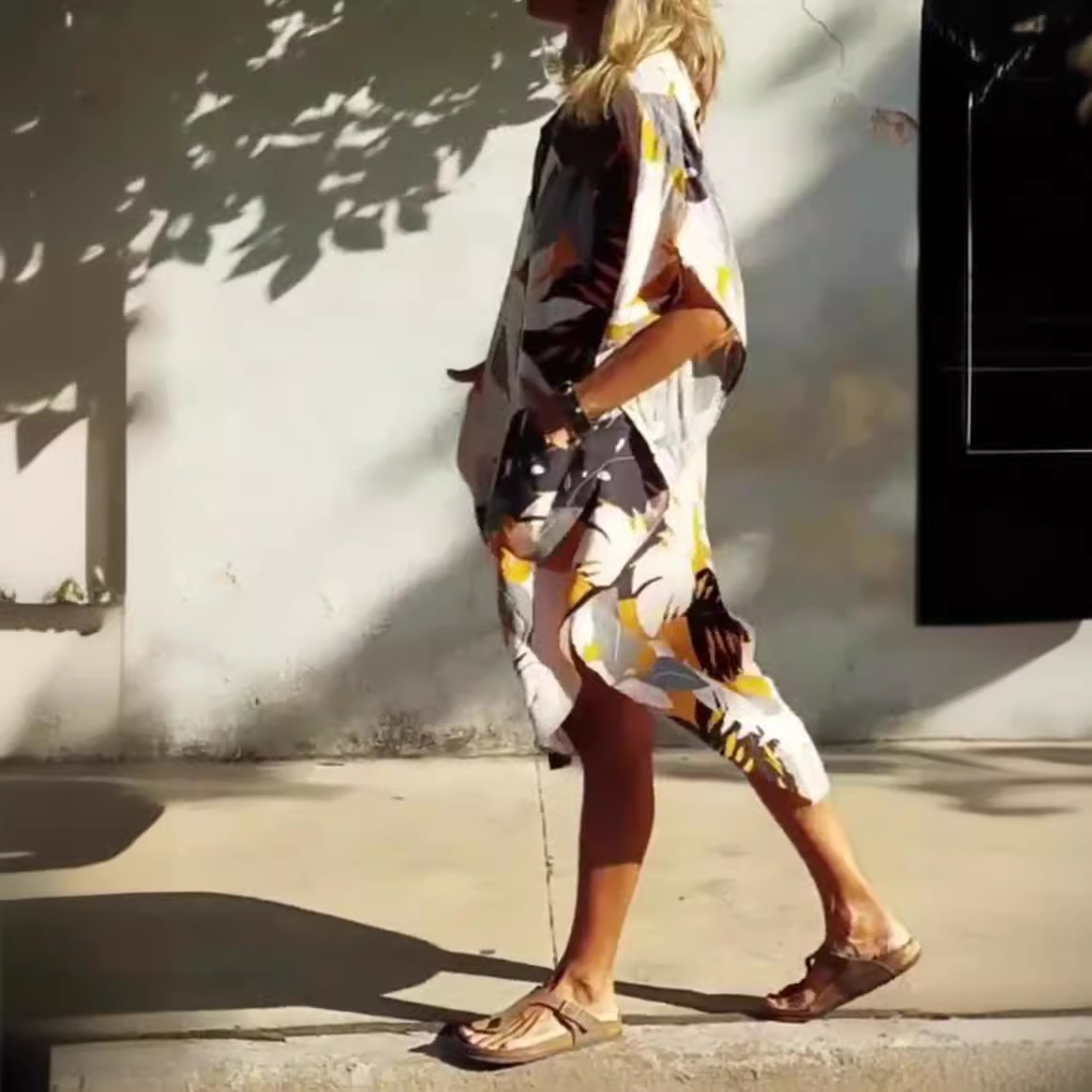 Maple Print Button-Front Midi Dress with Pockets
