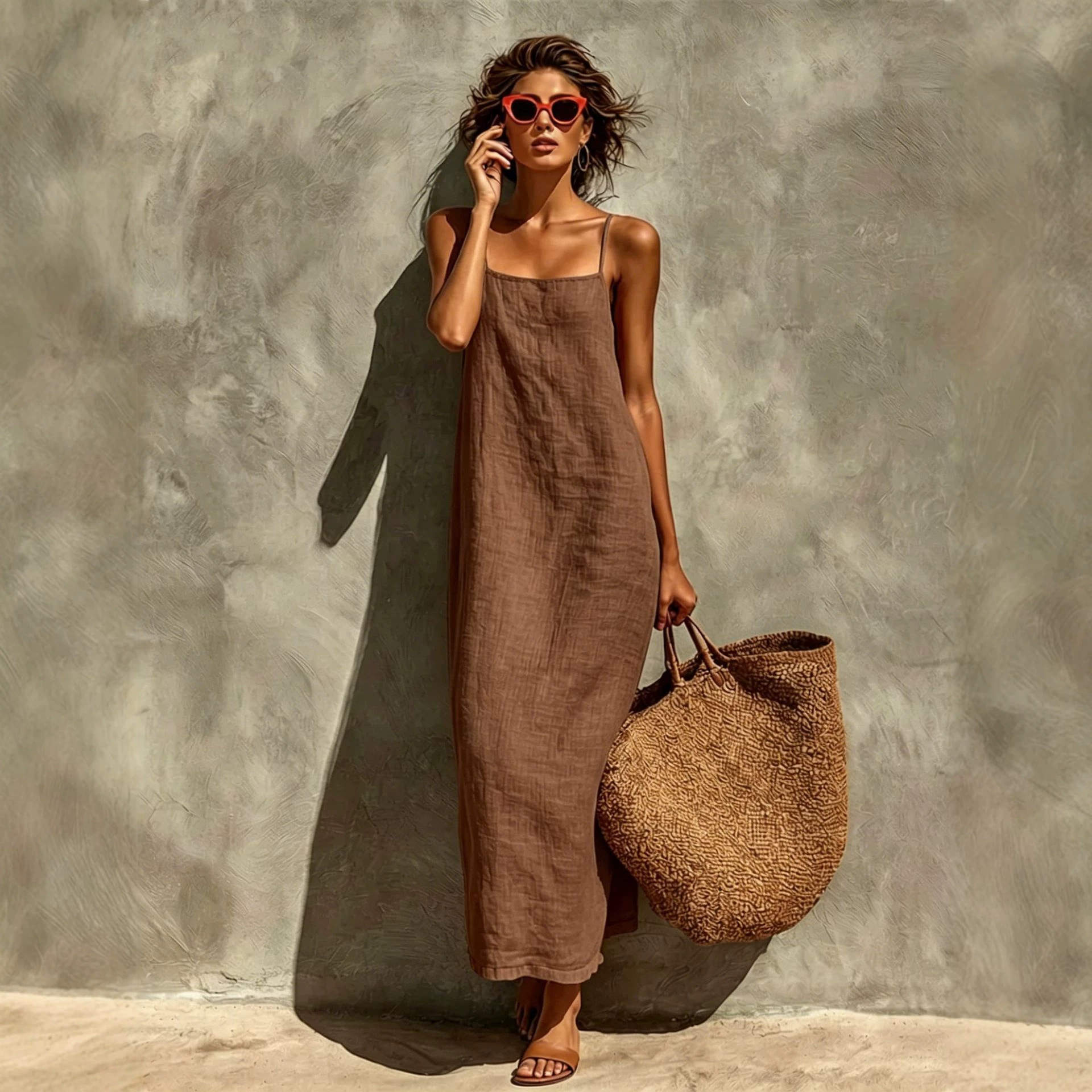 Women's Solid Color Cotton Linen Sleeveless Long Cami Dress