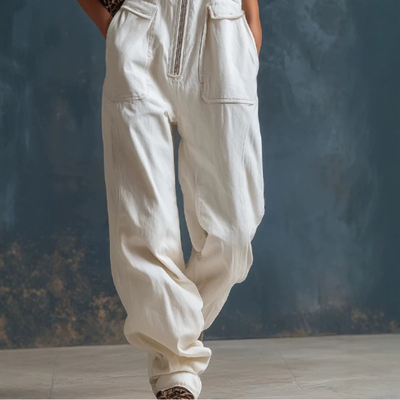 White Sleeveless Denim Jumpsuit Casual Wide-Leg