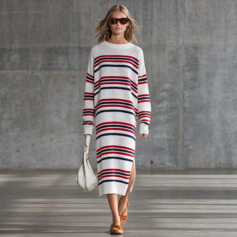 Retro Striped Long Sleeve Slit Midi Dress