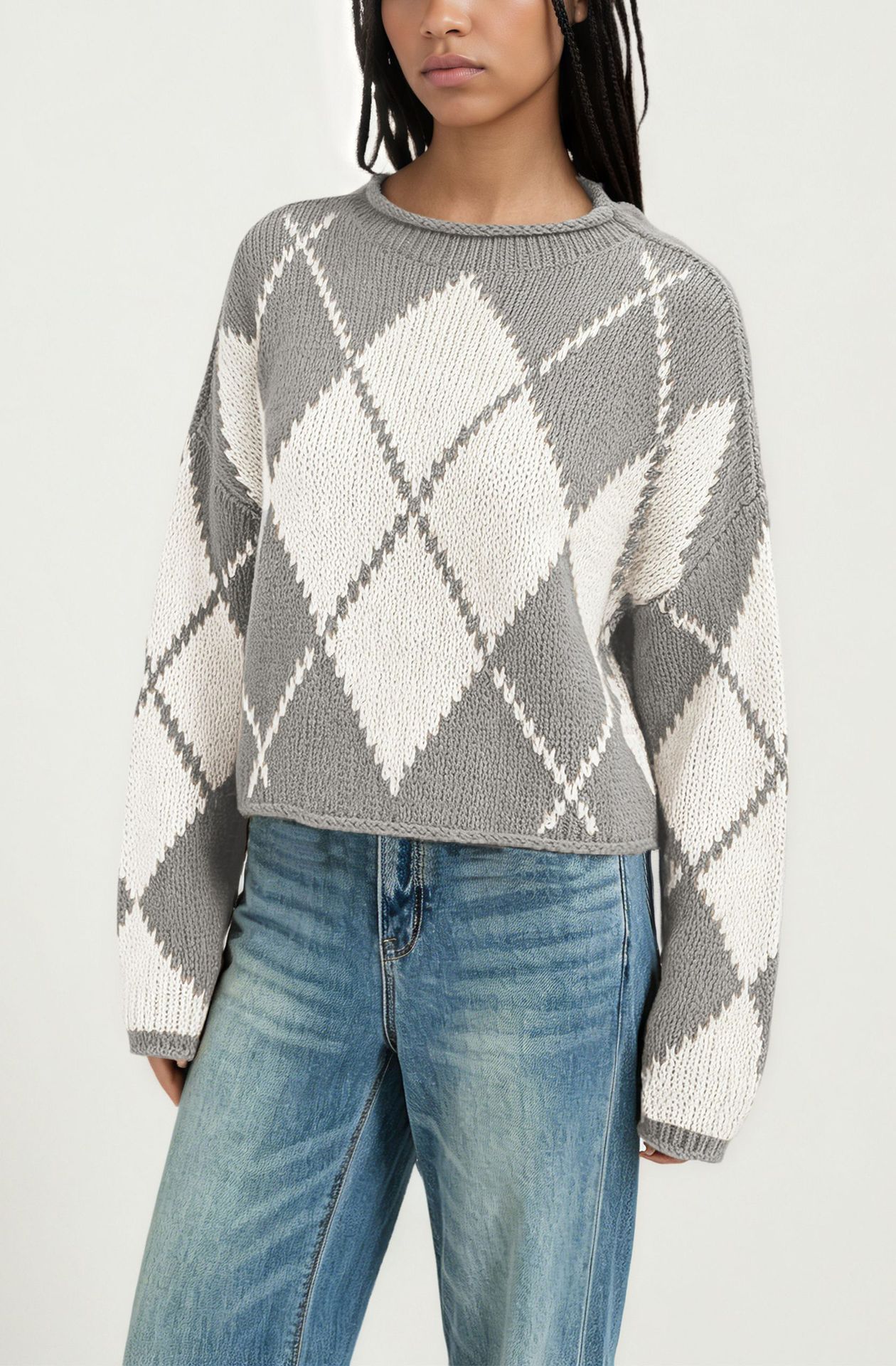 Women's Color-Block Diamond Knit Sweater, Loose Crewneck Pullover