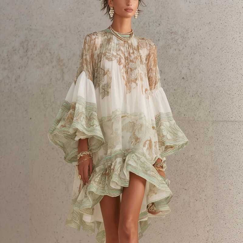 Women's Floral Ruffle Dress Boho Loose Flowy Short Vacation Dress