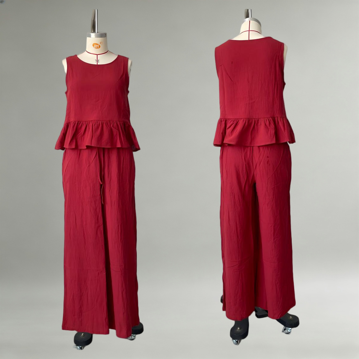 Women's Cotton-Linen Ruffle Sleeveless Wide-Leg Pants Set