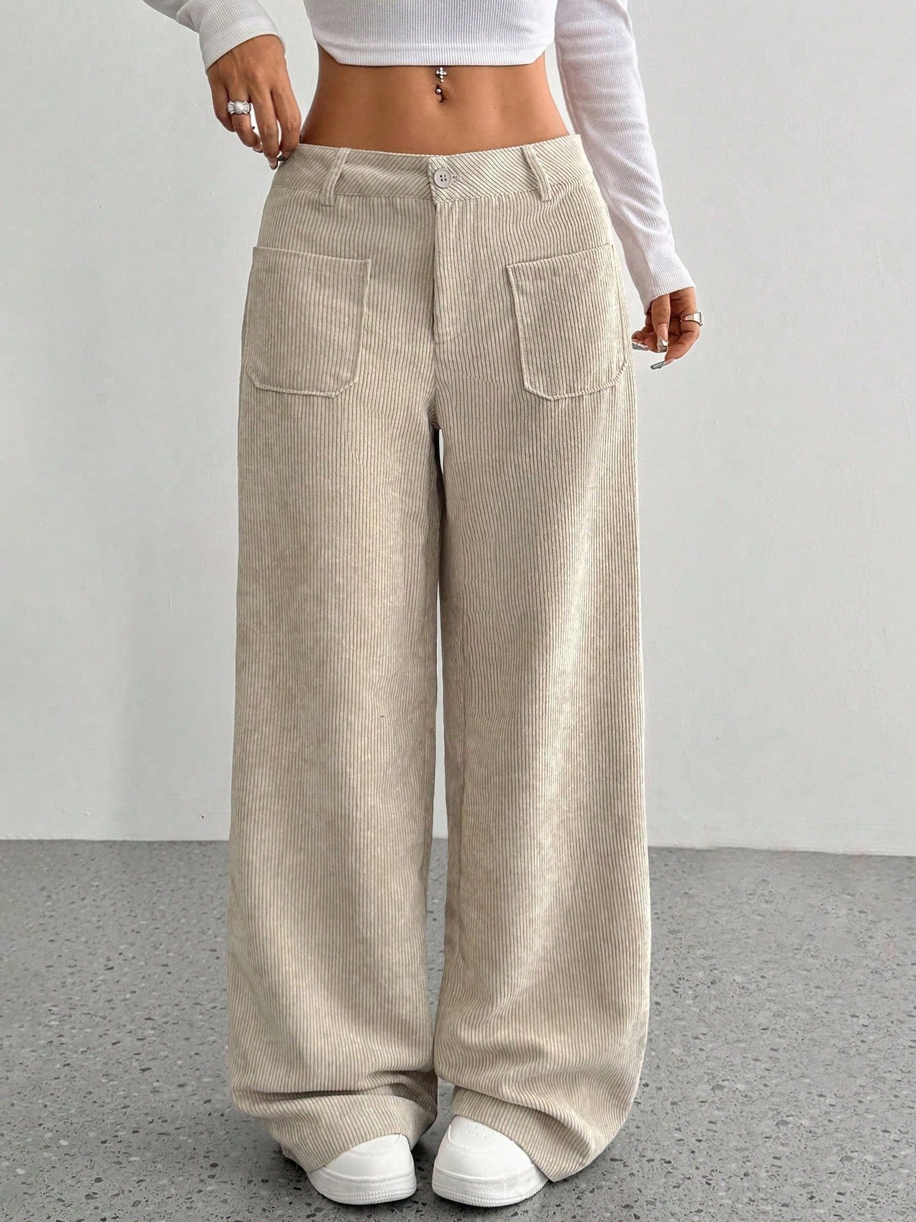 Corduroy Wide-Leg Pants for Women, Loose Fit, Front and Back Pockets, Solid Color
