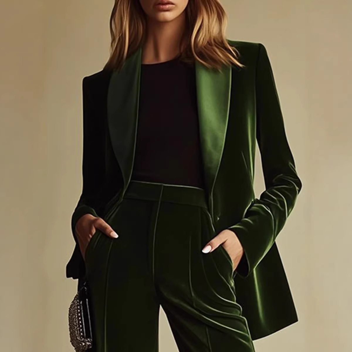 Velvet Blazer and Slim Pants Two-Piece Set for Women