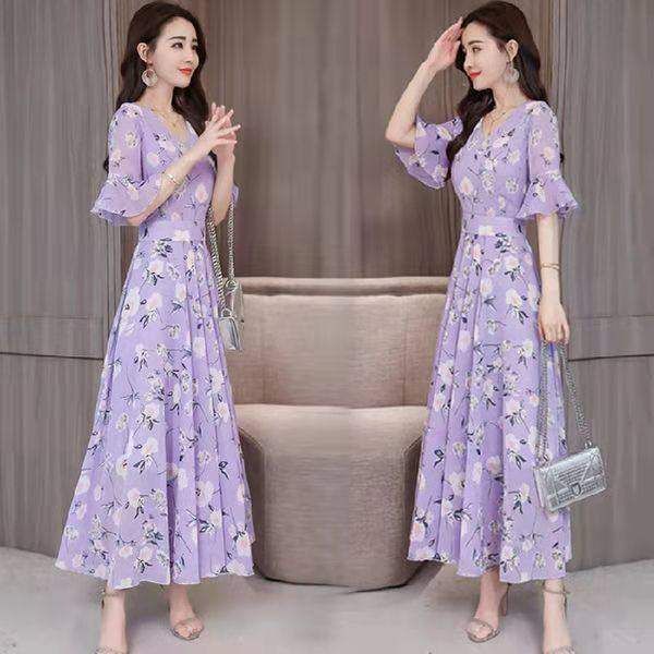 Floral A-Line V-Neck Midi Dress with Nine-Tenth Sleeves