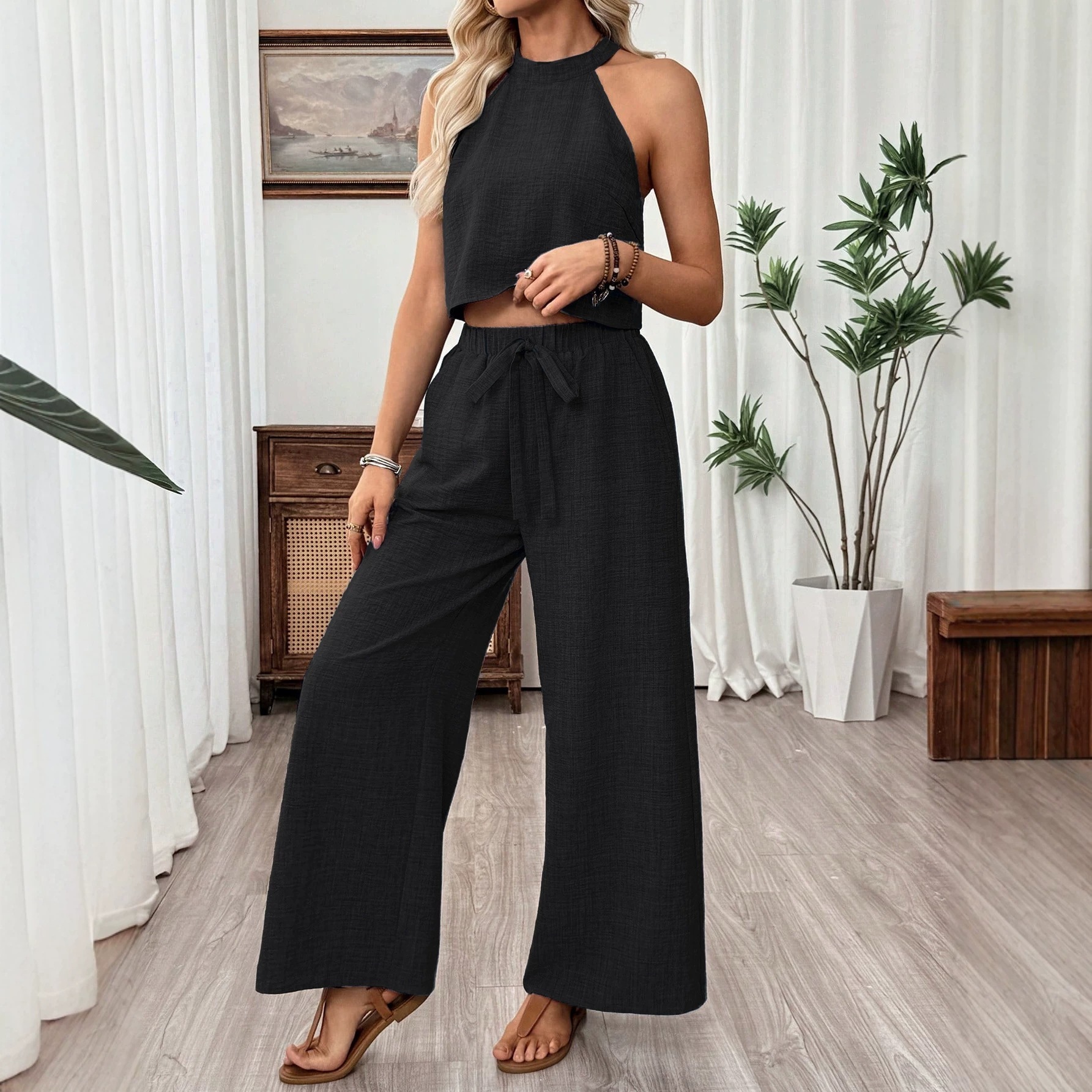 Women's Halter Sleeveless Crop Top and Wide-Leg Pants Set Casual Two-Piece