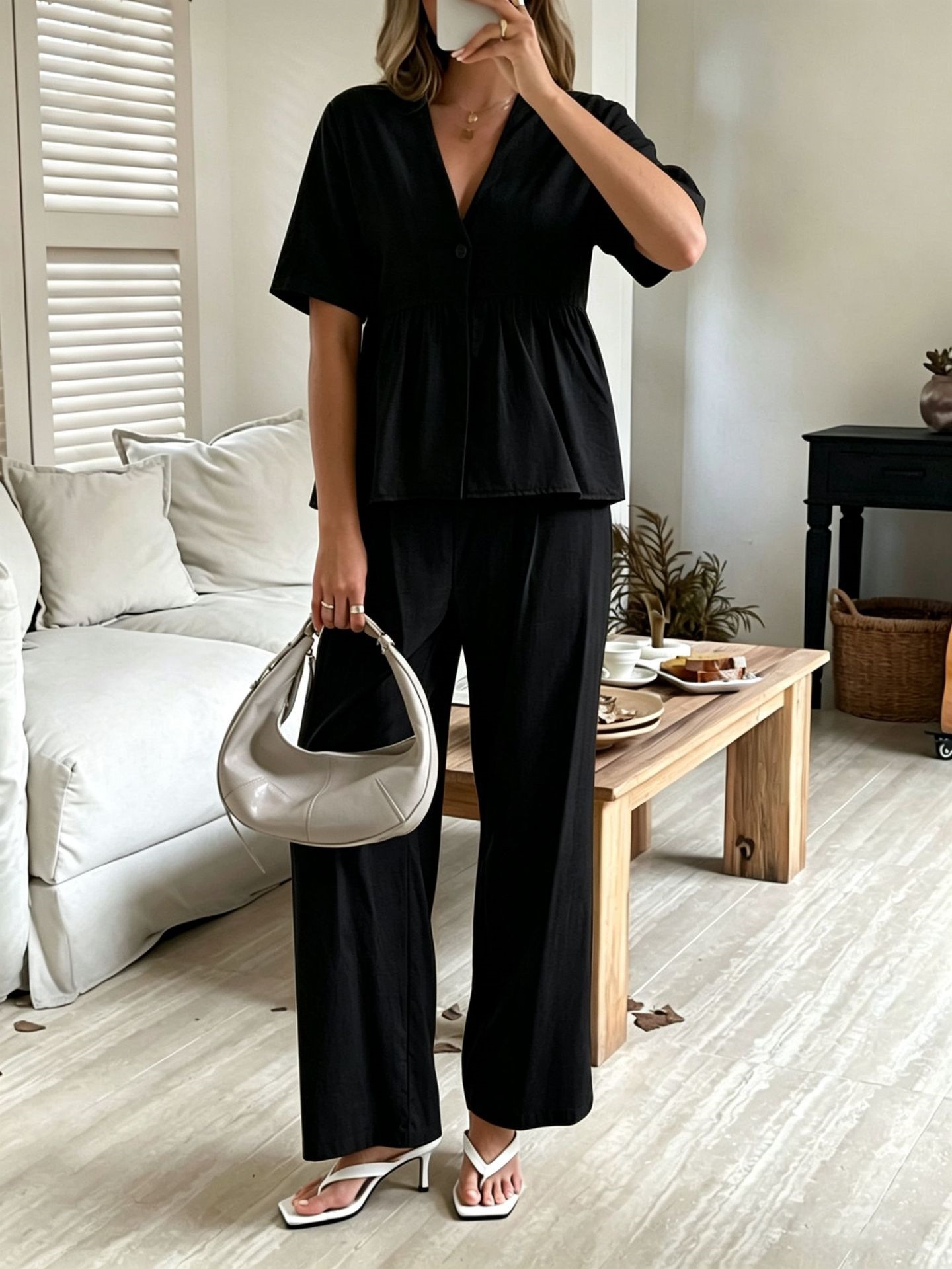 Elegant V-Neck Loose Short-Sleeve Top and Wide-Leg Pants Two-Piece Set