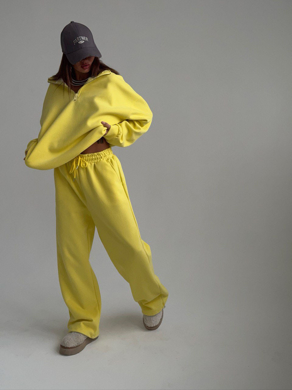 Oversize Half-Open Collar Long-Sleeve Hoodie & Drawstring Sweatpants Set