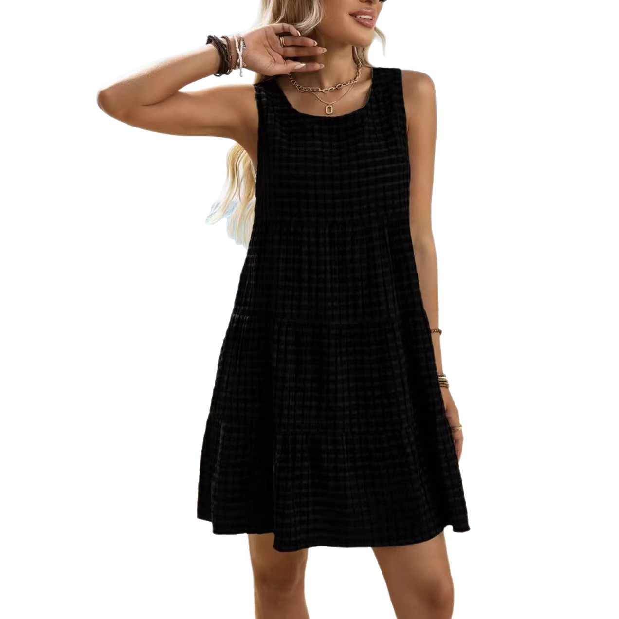 Ruffled Sleeveless Plaid A-Line Midi Dress
